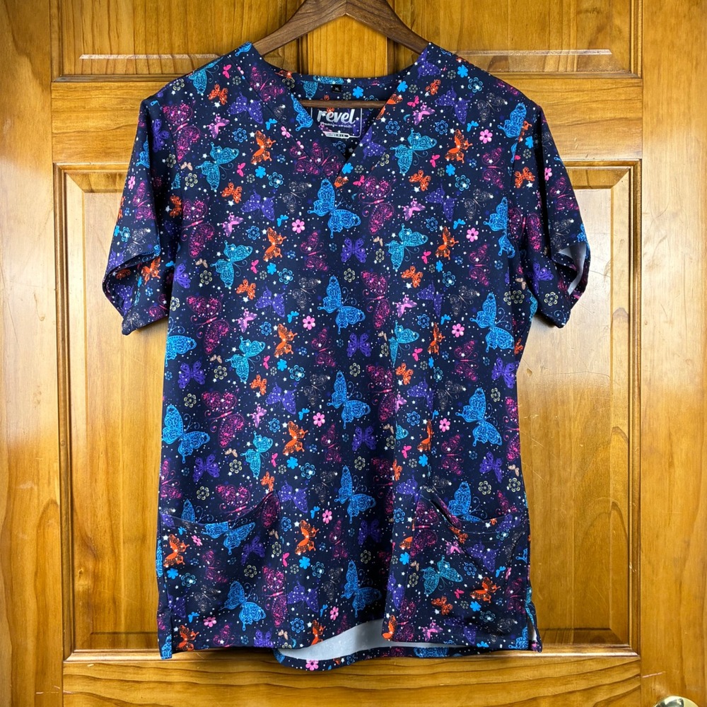 Revel Premium Stretch Butterfly Print Scrub Top Womens XL Navy V-Neck Medical